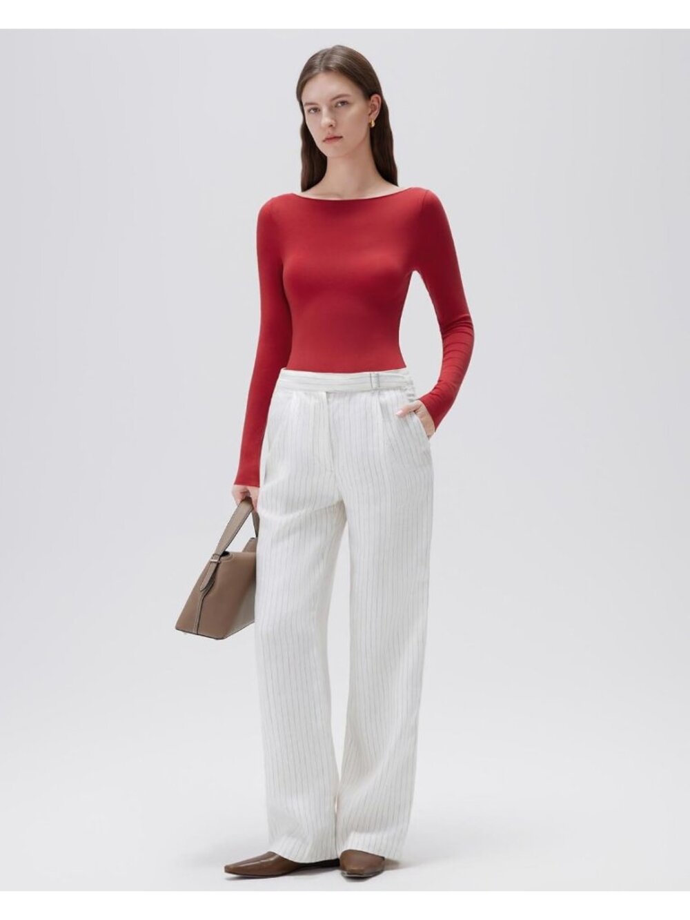 Women's Red Elegant Boat Neck Long Sleeve Shirt Slim Fit Going Out Knit Top - Picture 4 of 6